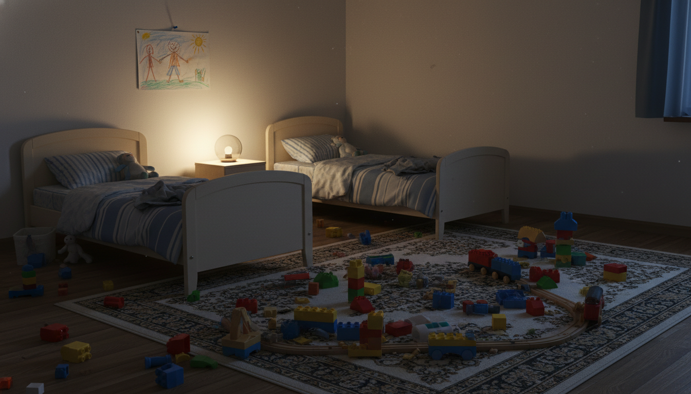 Chambre d'enfants vide avec jouets et lumière tamisée