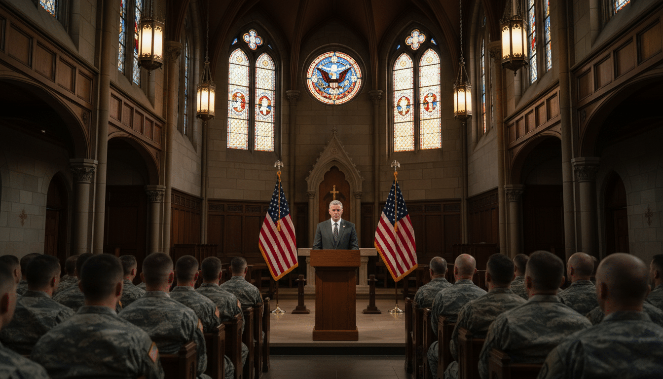 Pete Hegseth au pupitre lors d'une messe au Pentagone