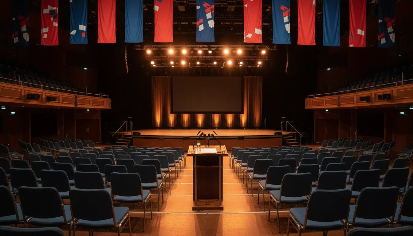 Salle de meeting politique vide avec tribune et drapeaux français, ambiance électorale