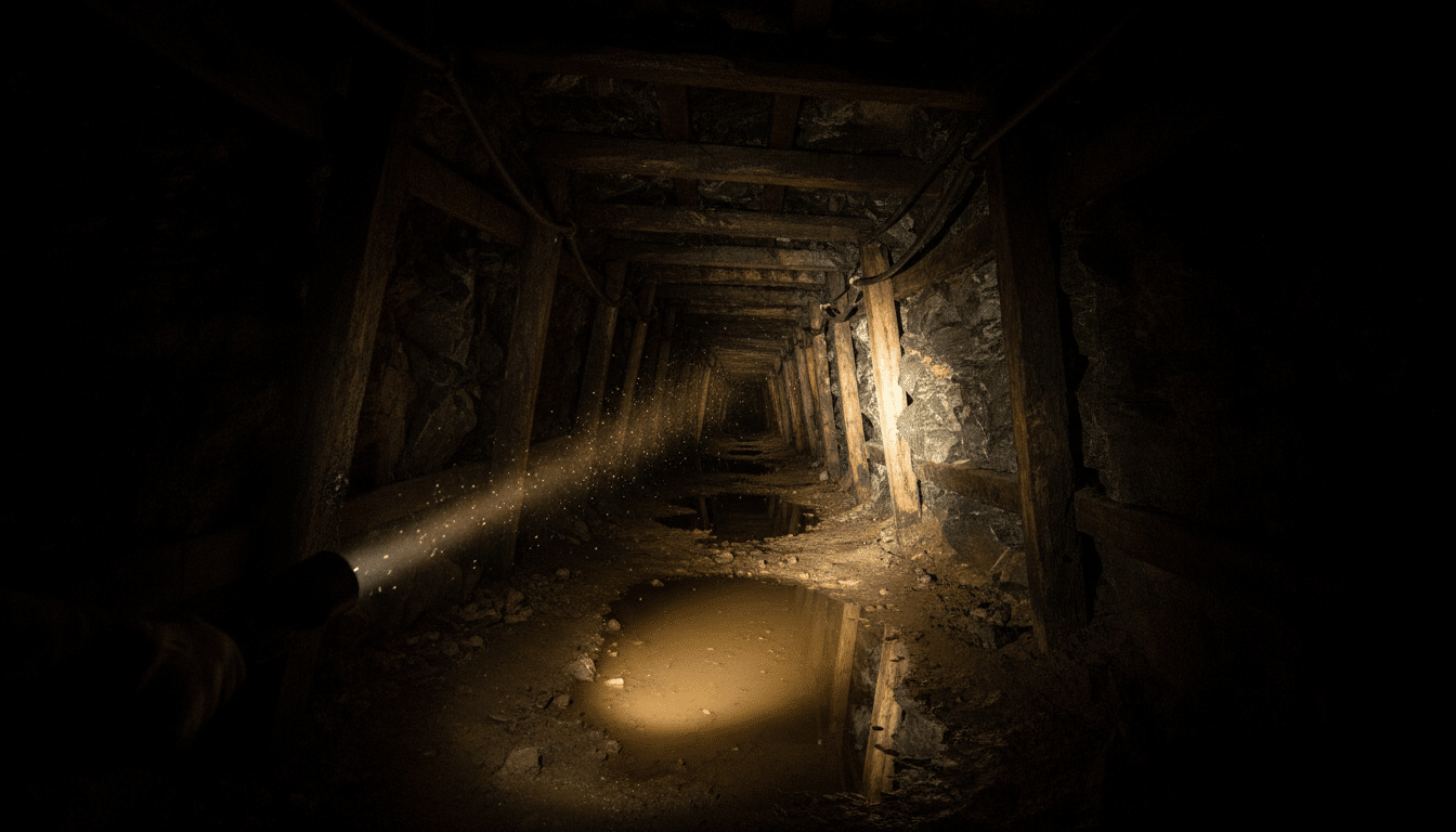 Faisceau de lampe torche dans une galerie souterraine obscure