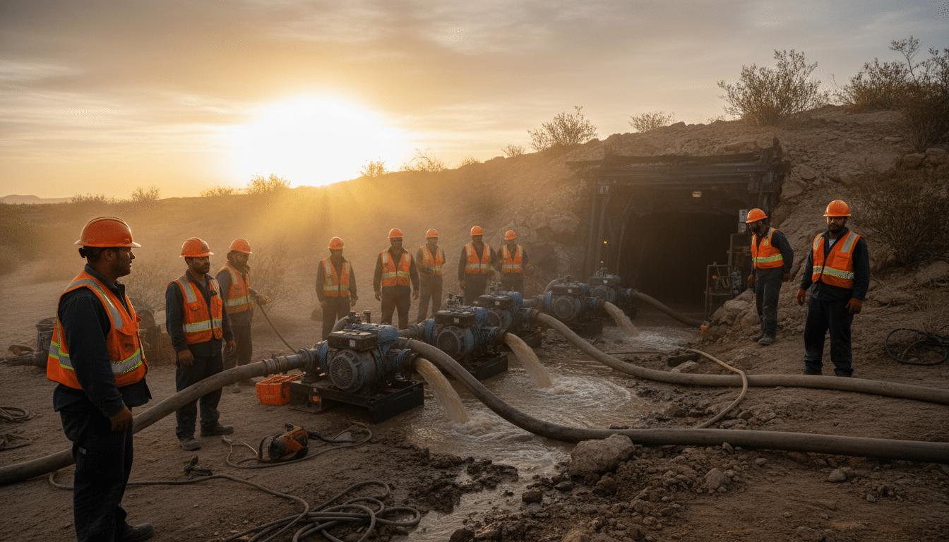 Équipes de secours pompant l'eau à l'entrée de la mine