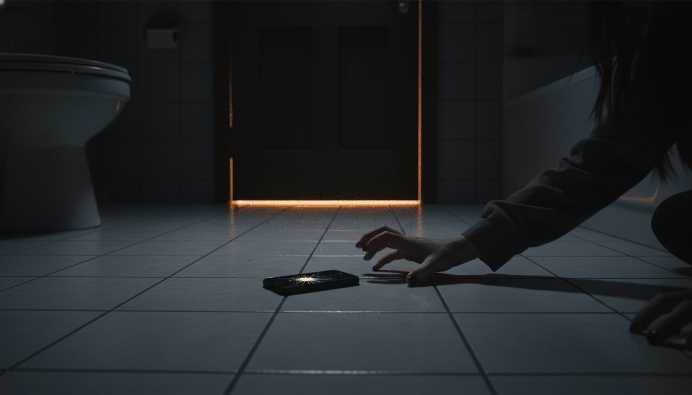 Téléphone posé au sol dans une salle de bains la nuit