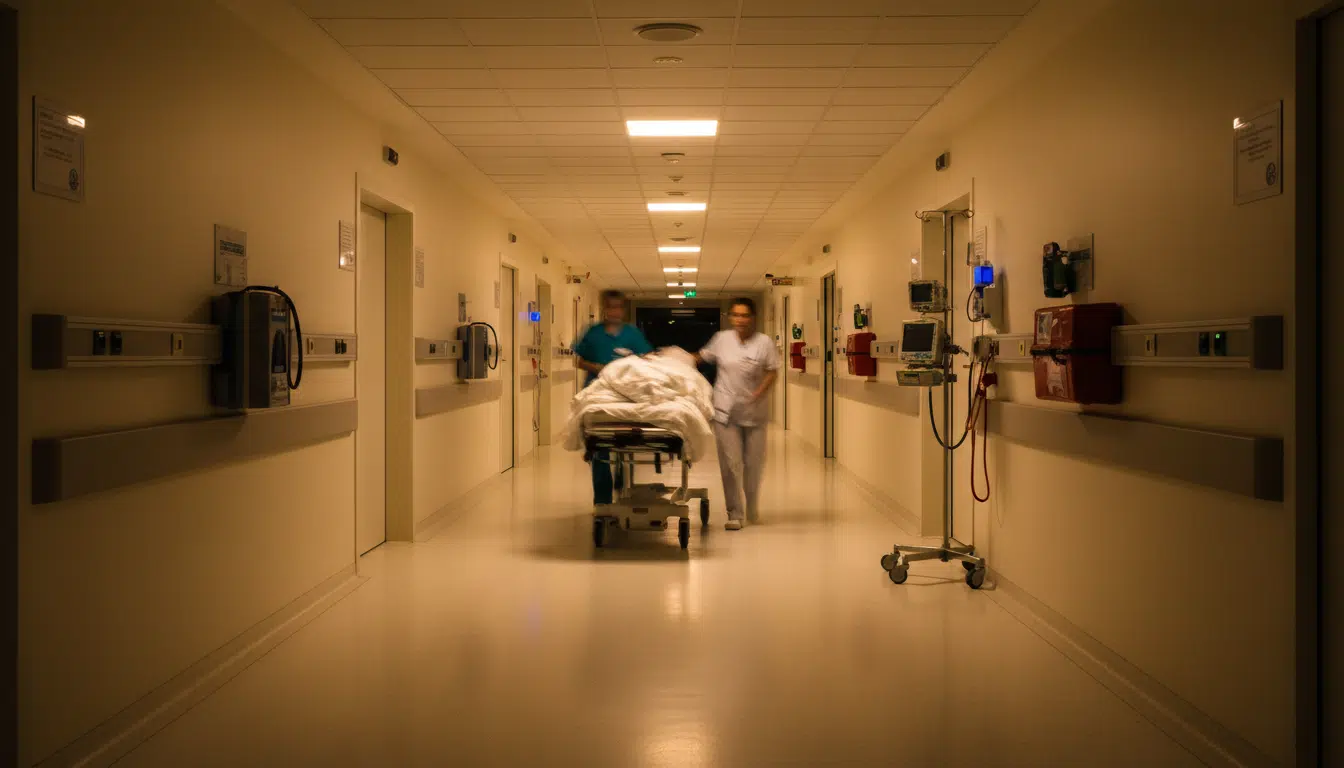 Couloir d'hôpital la nuit avec un brancard en mouvement