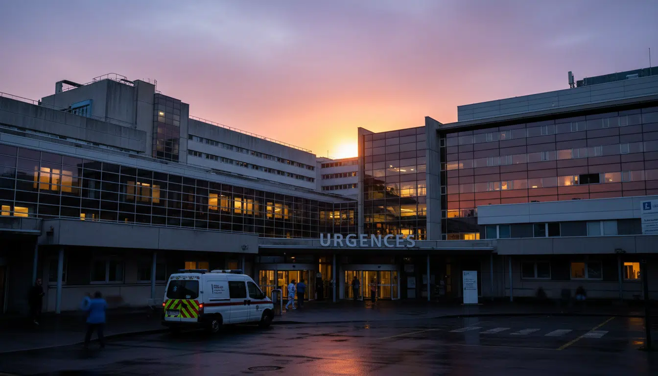 Façade d'un CHU français au crépuscule avec ambulance
