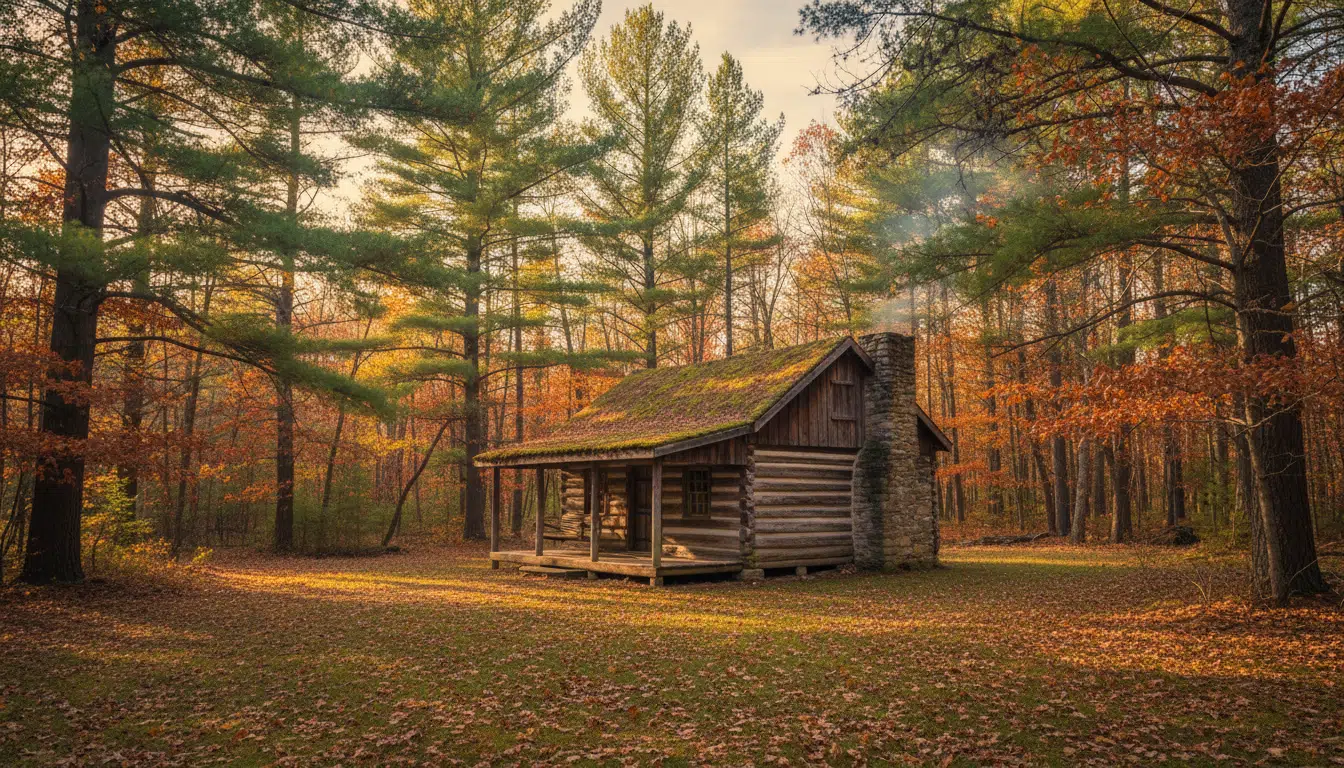 Cabane en rondins rustique dans une clairière forestière entourée d'arbres aux couleurs automnales