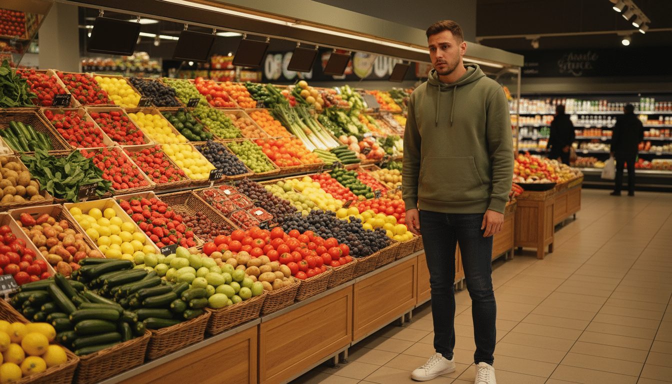 Jeune homme devant un rayon fruits et légumes Grand Frais