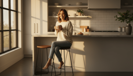 Femme assise sur un tabouret de bar bois et métal dans sa cuisine
