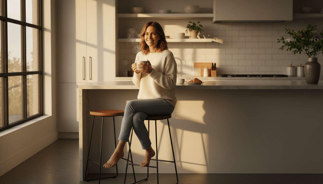 Femme assise sur un tabouret de bar bois et métal dans sa cuisine
