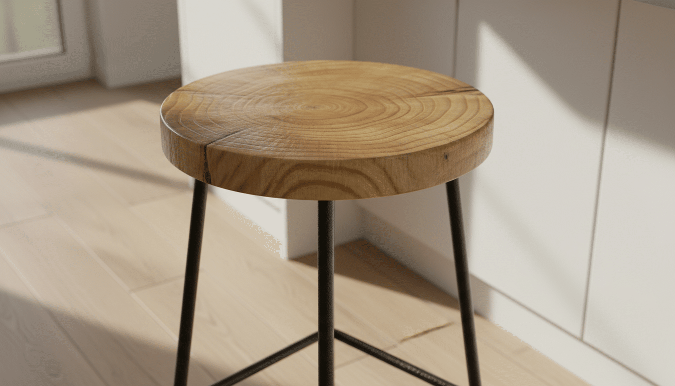 Gros plan sur l'assise en pin et le piétement noir du tabouret Gifi