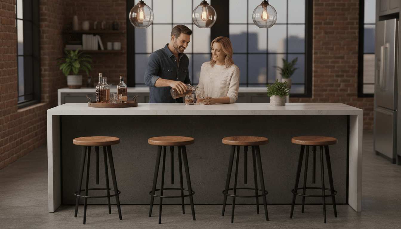 Quatre tabourets industriels autour d'un îlot de cuisine