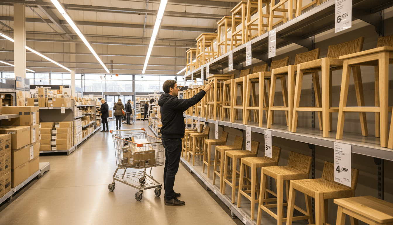 Client en magasin discount devant un rayon de tabourets de bar