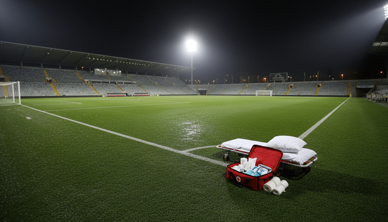 Civière médicale au bord d'un terrain de football la nuit sous les projecteurs, évoquant la blessure grave d'Ekitike