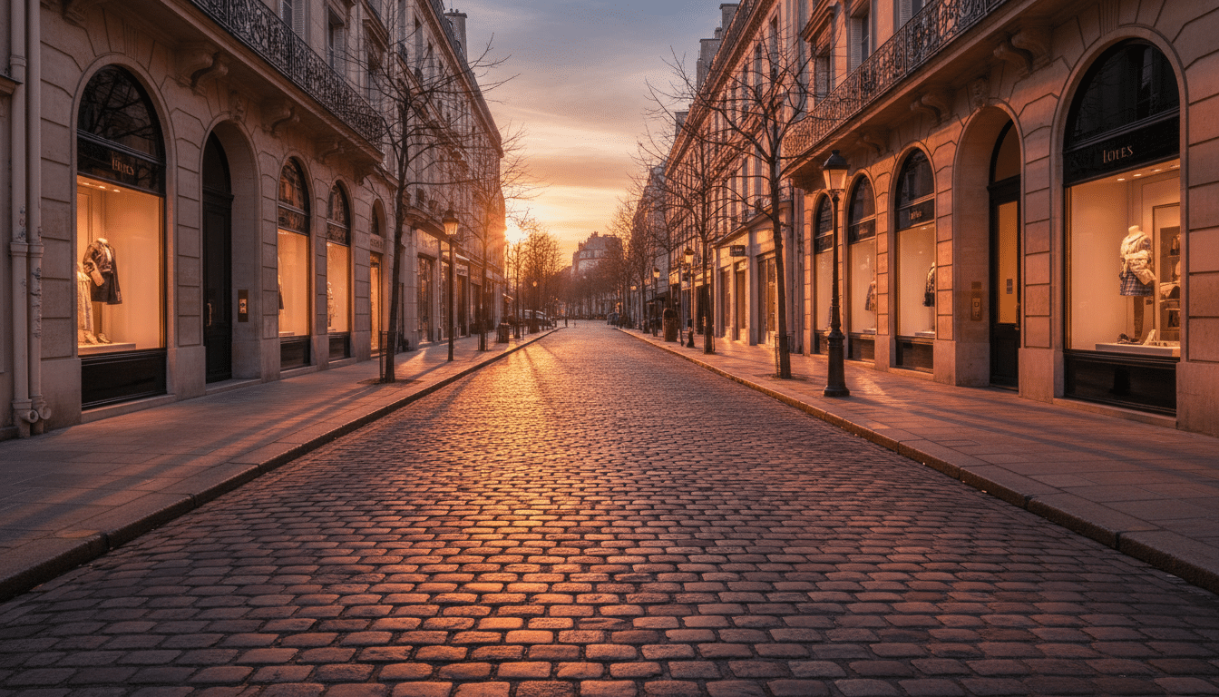 Rue parisienne vide au coucher du soleil, pavés dorés et longues ombres, atmosphère mélancolique