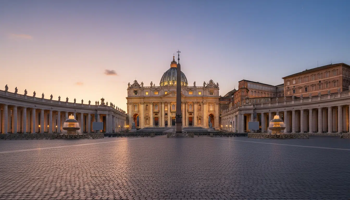La place Saint-Pierre du Vatican au crépuscule, vue architecturale de la basilique baignée d'une lumière dorée