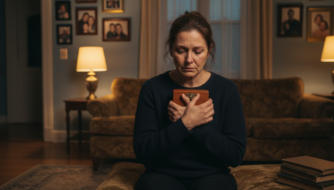 Femme seule sur un canapé serrant une boîte de cendres