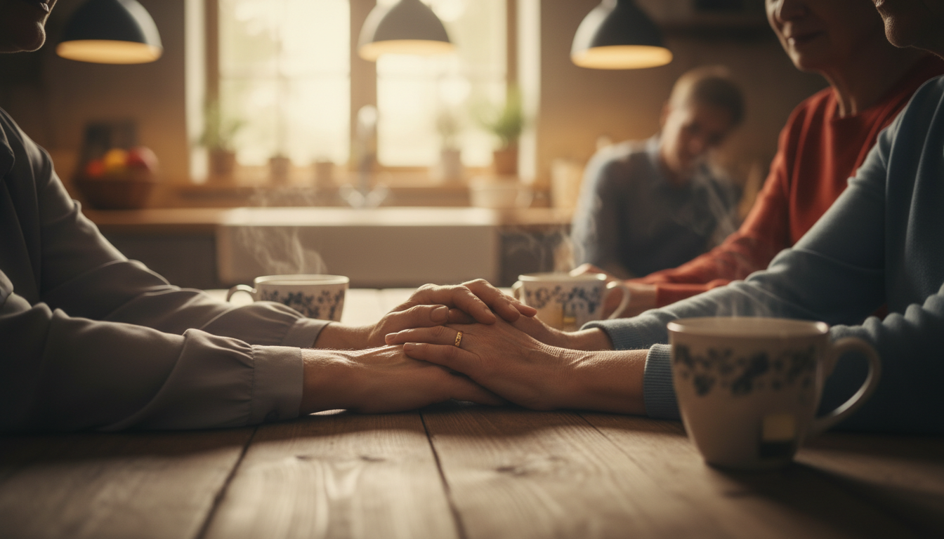 Mains d'une femme tenues par sa famille autour d'une table
