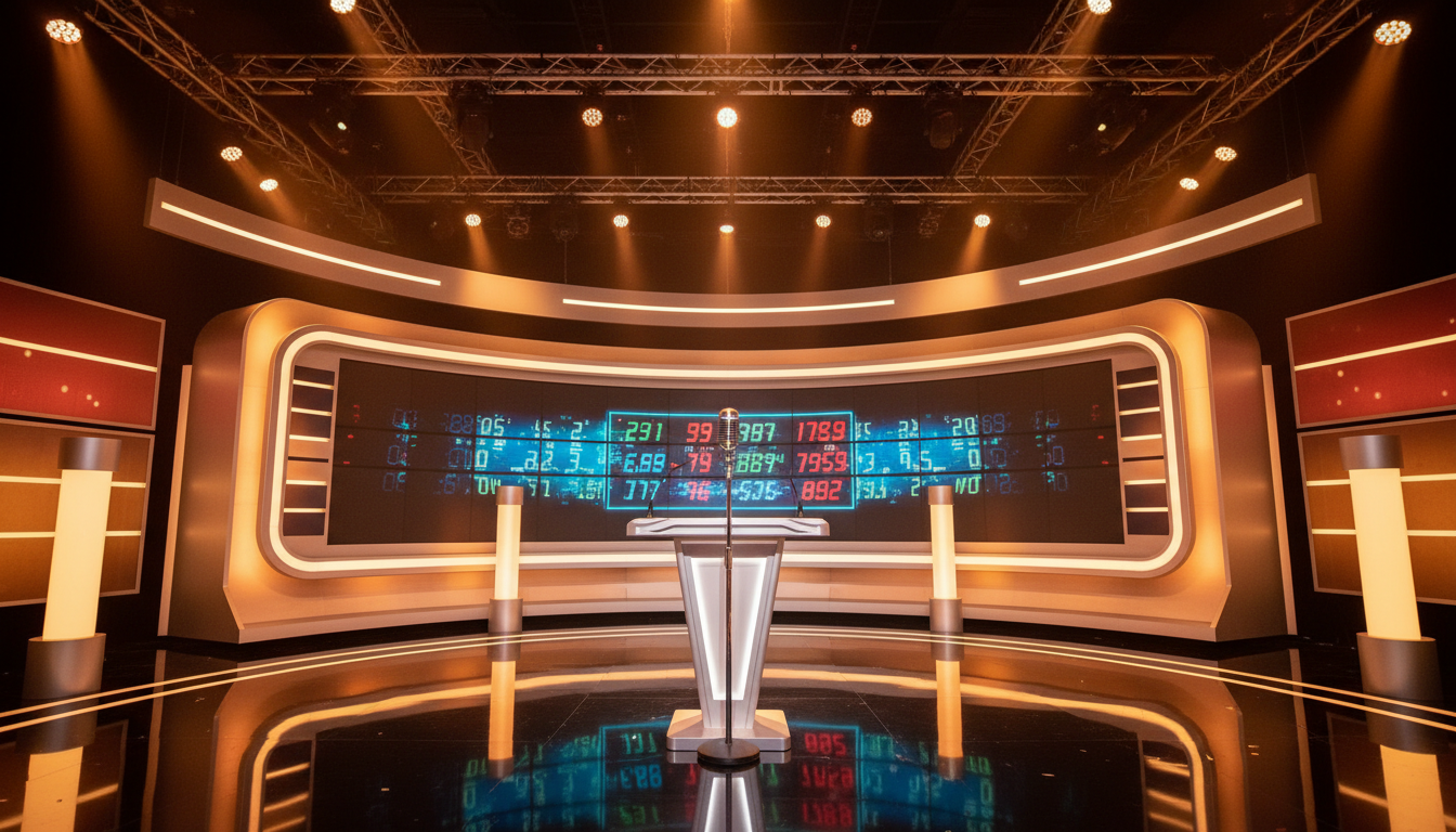 Plateau de jeu télévisé français avec éclairage doré et tableau de scores numérique, scène vide prête pour l'émission