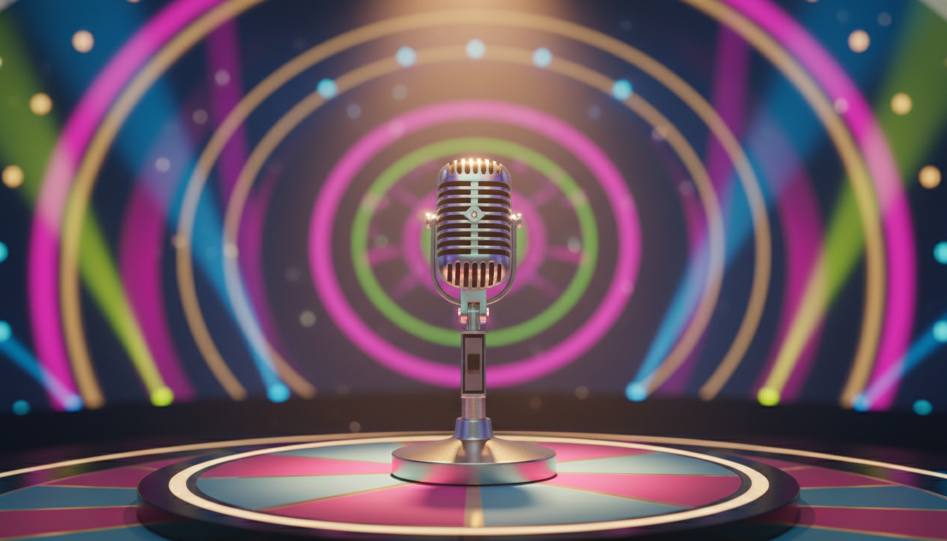 Microphone vintage sur scène de jeu télévisé sous un éclairage chaud et coloré, symbole du défi chanson