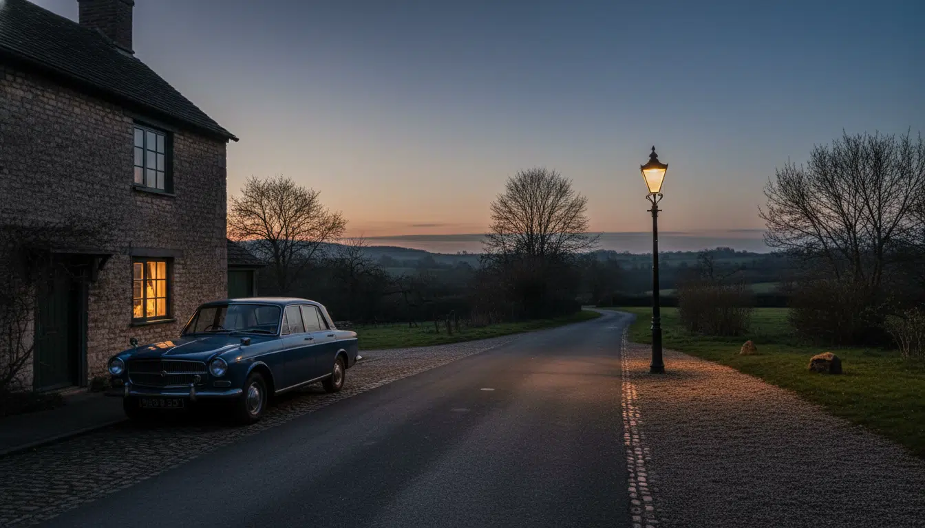 Rue paisible d'un village de l'Essex au crépuscule