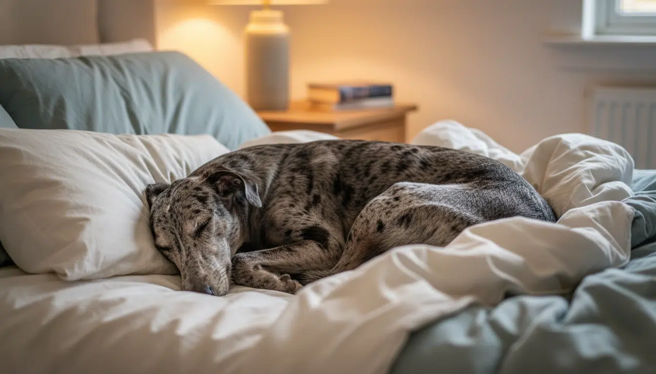 Lurcher blue-merle endormi sur un lit dans une chambre