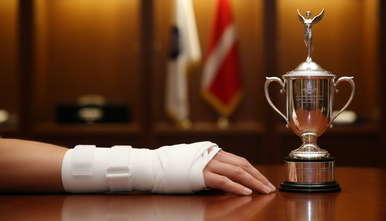 Poignet bandé d'un joueur de tennis posé près d'un trophée sportif
