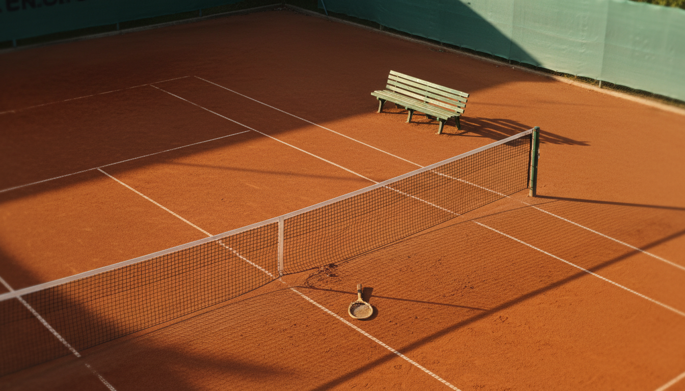 Court de tennis en terre battue désert avec raquette abandonnée au sol, lumière dorée