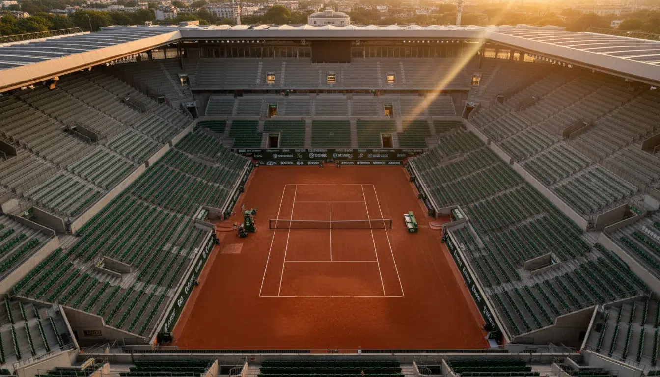 Le court Philippe Chatrier de Roland-Garros vide à l'heure dorée, avec la terre battue rouge immaculée