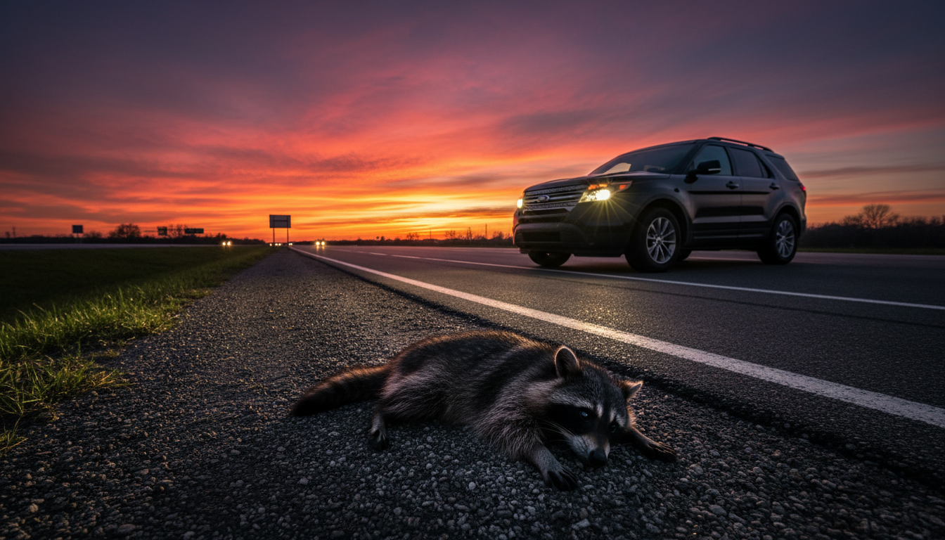 Raton laveur mort au bord d'une autoroute américaine au crépuscule