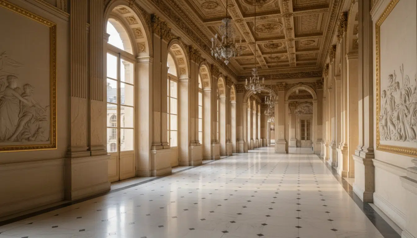 Couloir vide d'un bâtiment gouvernemental français avec sol en marbre et lumière dorée filtrant par de hautes fenêtres