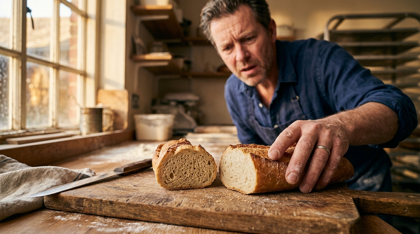 Baguette rassie coupée sur planche en bois