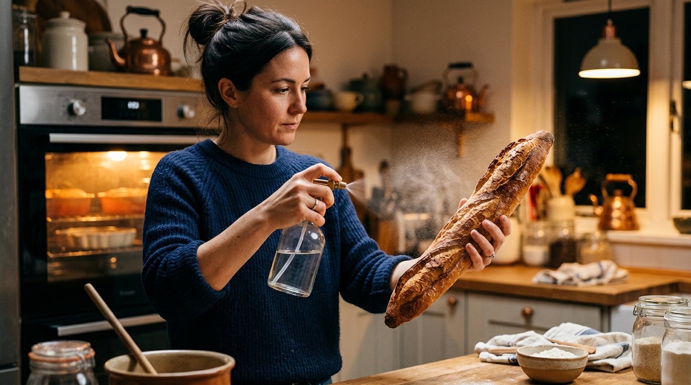 Vaporisation d'eau sur une baguette dure en cuisine