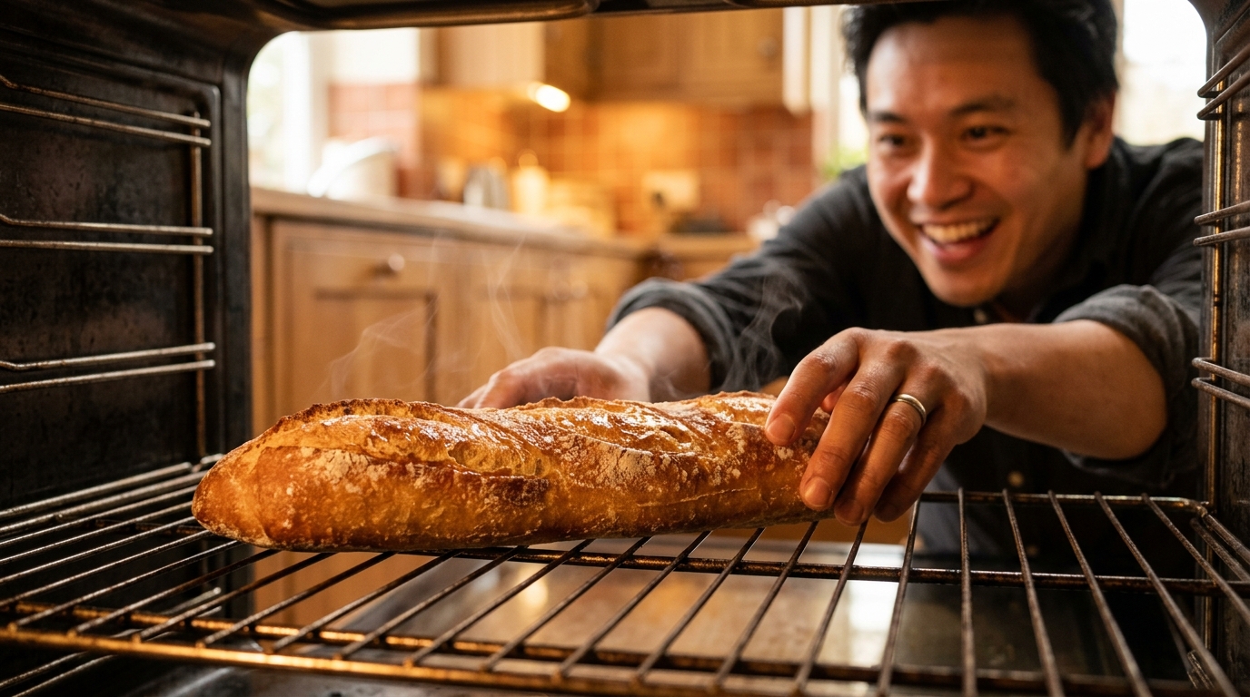 Baguette croustillante sortie du four sur une grille