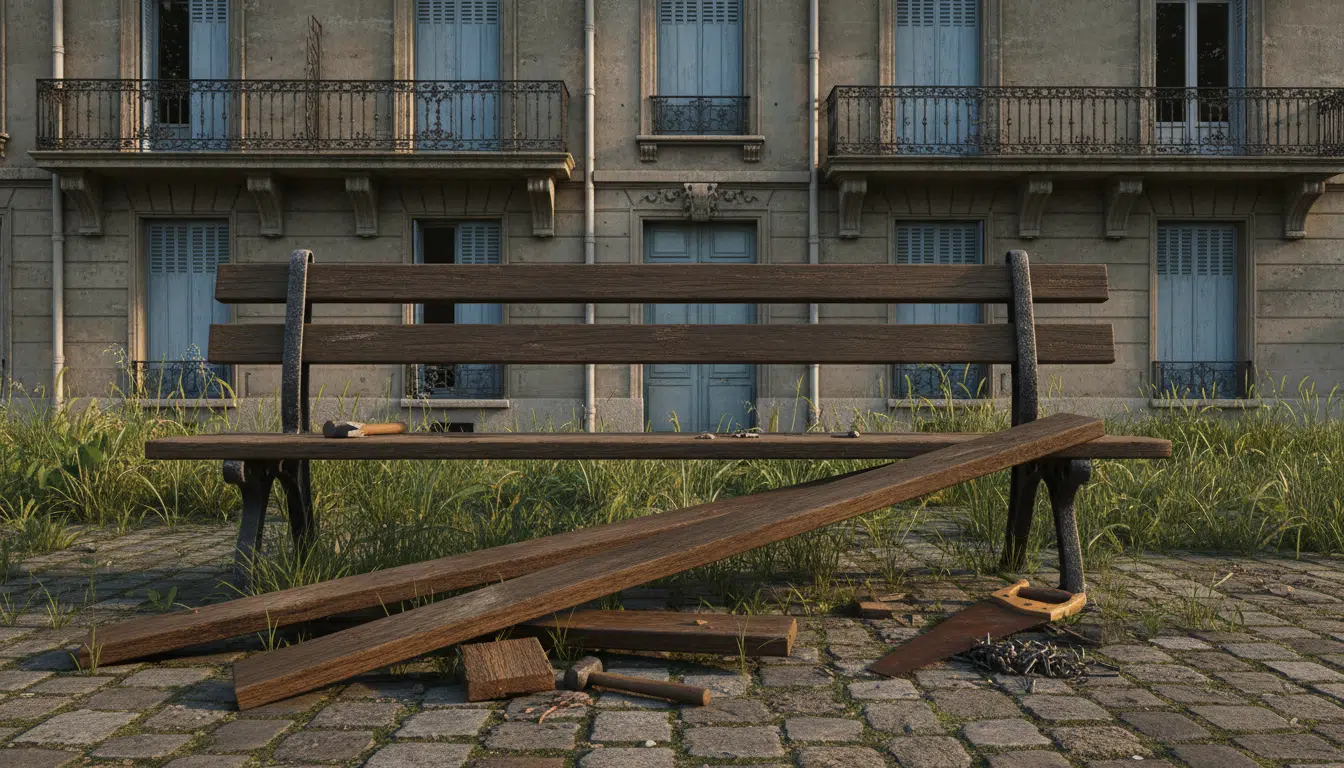 Banc endommagé devant un immeuble du quartier de l'Arbousset