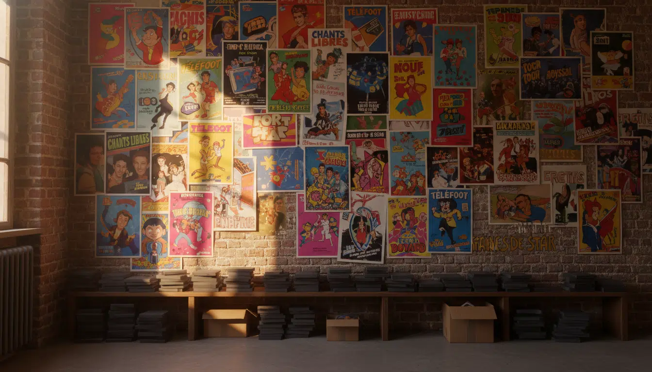 Mur d'archives représentant des décennies d'émissions de télévision françaises