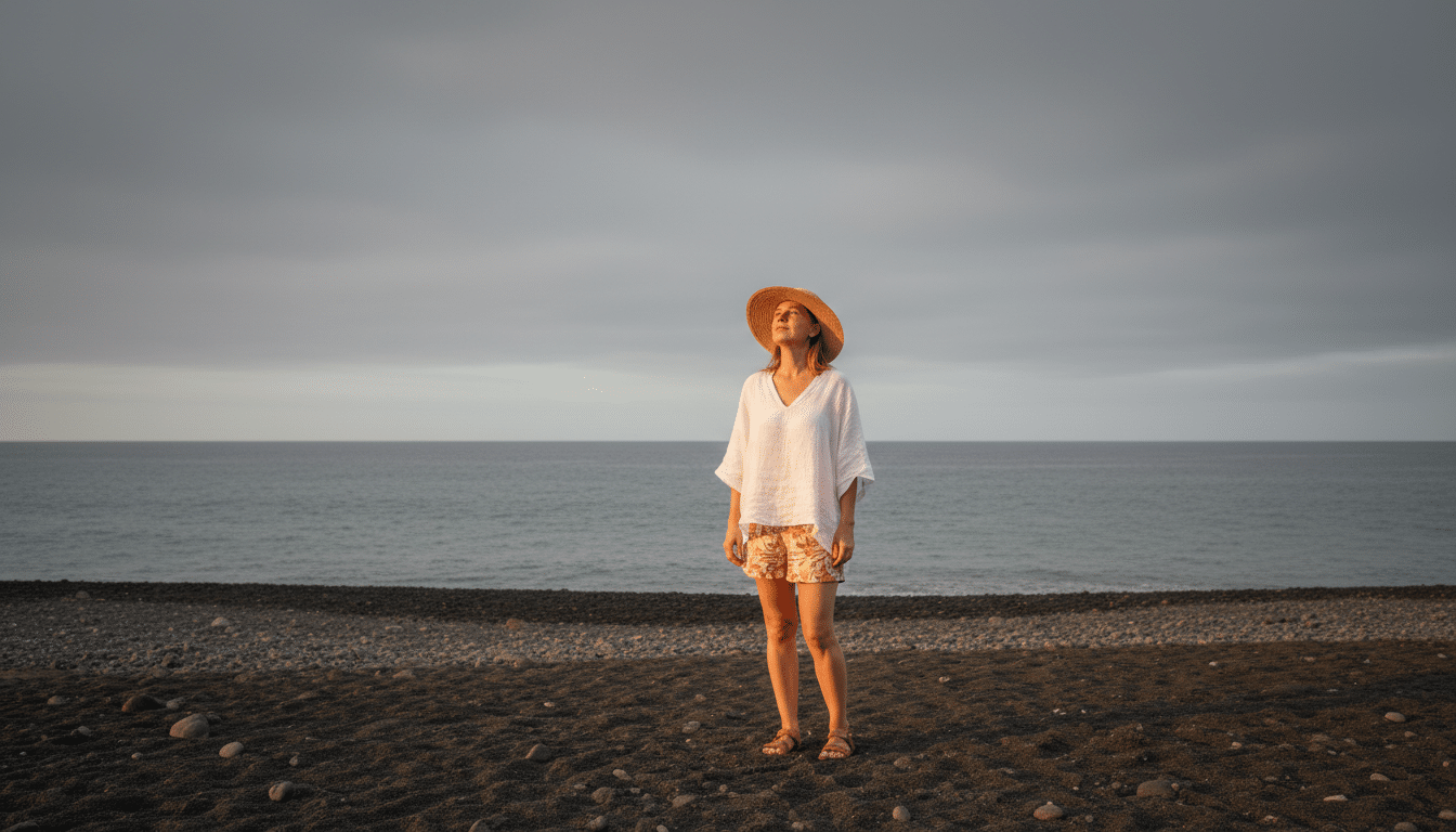 Touriste déçue sous un ciel gris à Tenerife