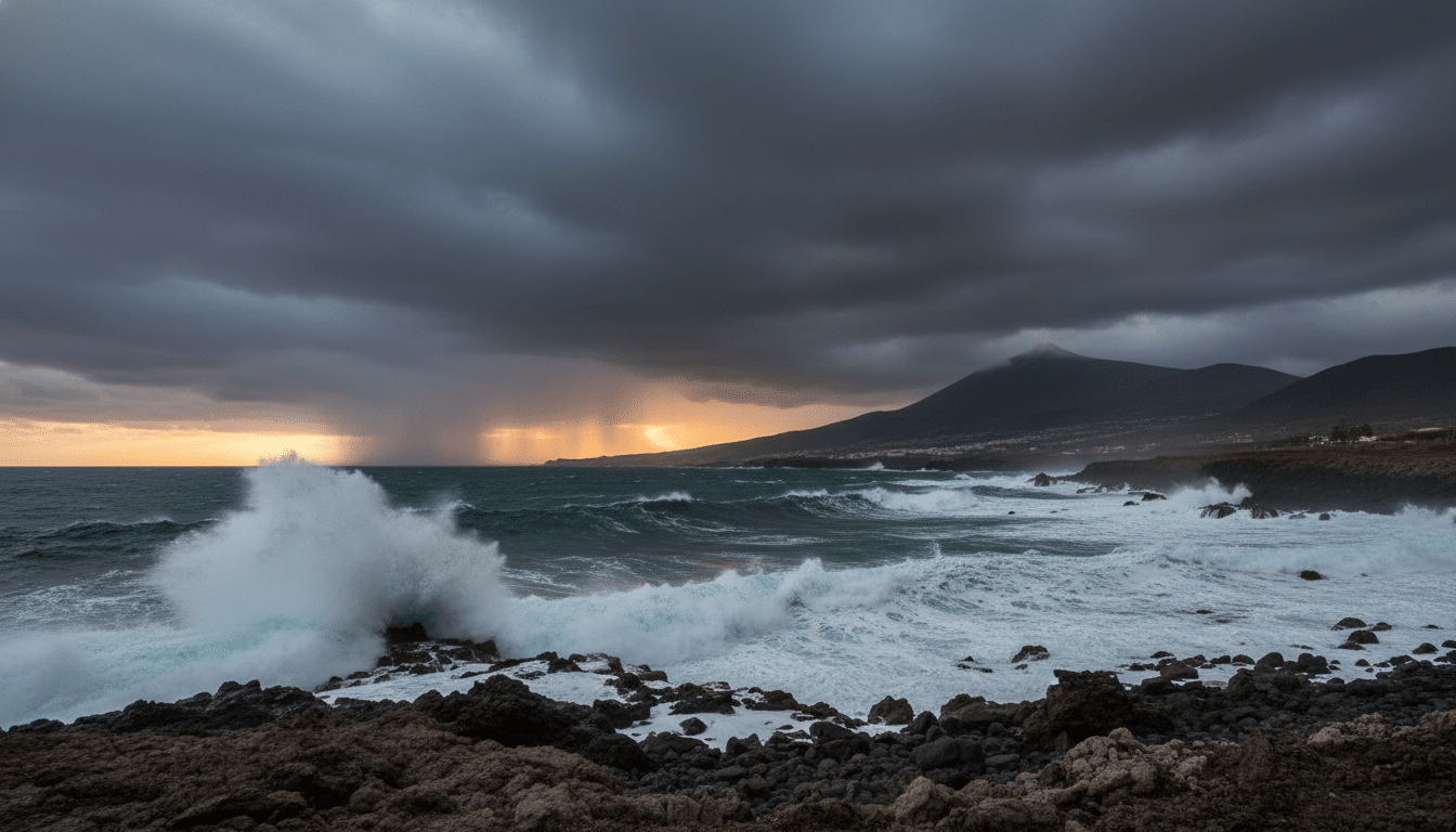 Tempête sur la côte de Tenerife avec le Teide