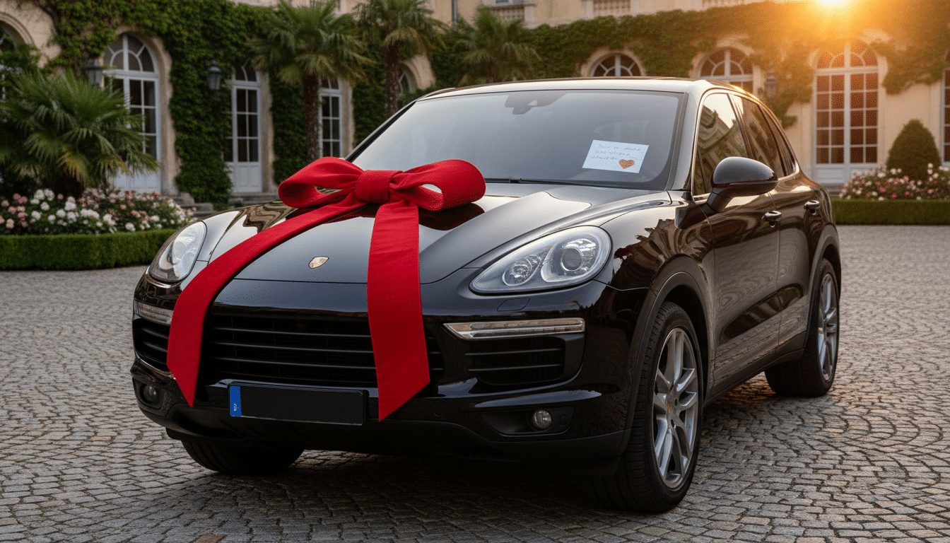 Porsche Cayenne noire avec un nœud rouge cadeau