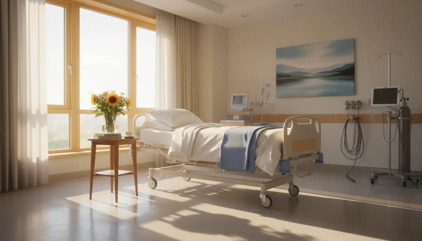 Une chambre de convalescence lumineuse symbolisant le long chemin de rééducation après un AVC