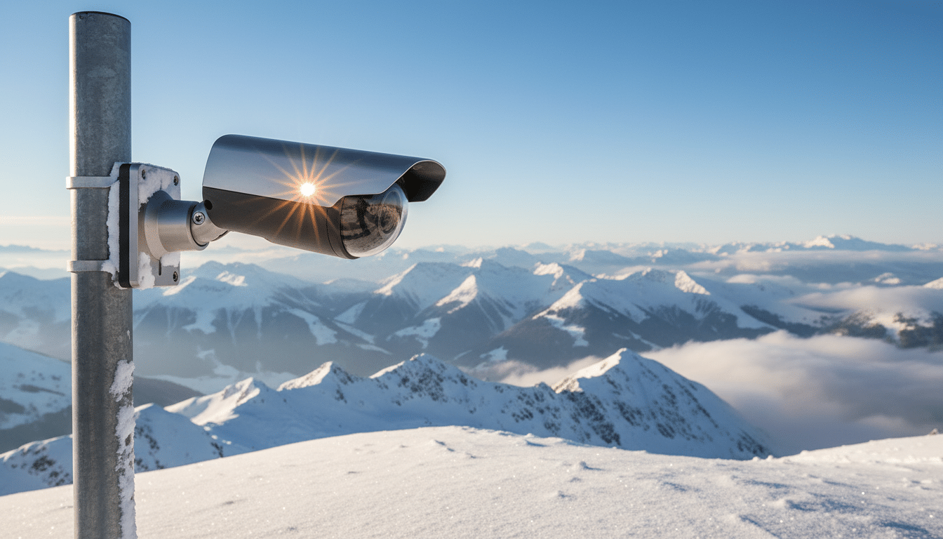 Webcam de surveillance installée sur un sommet alpin enneigé