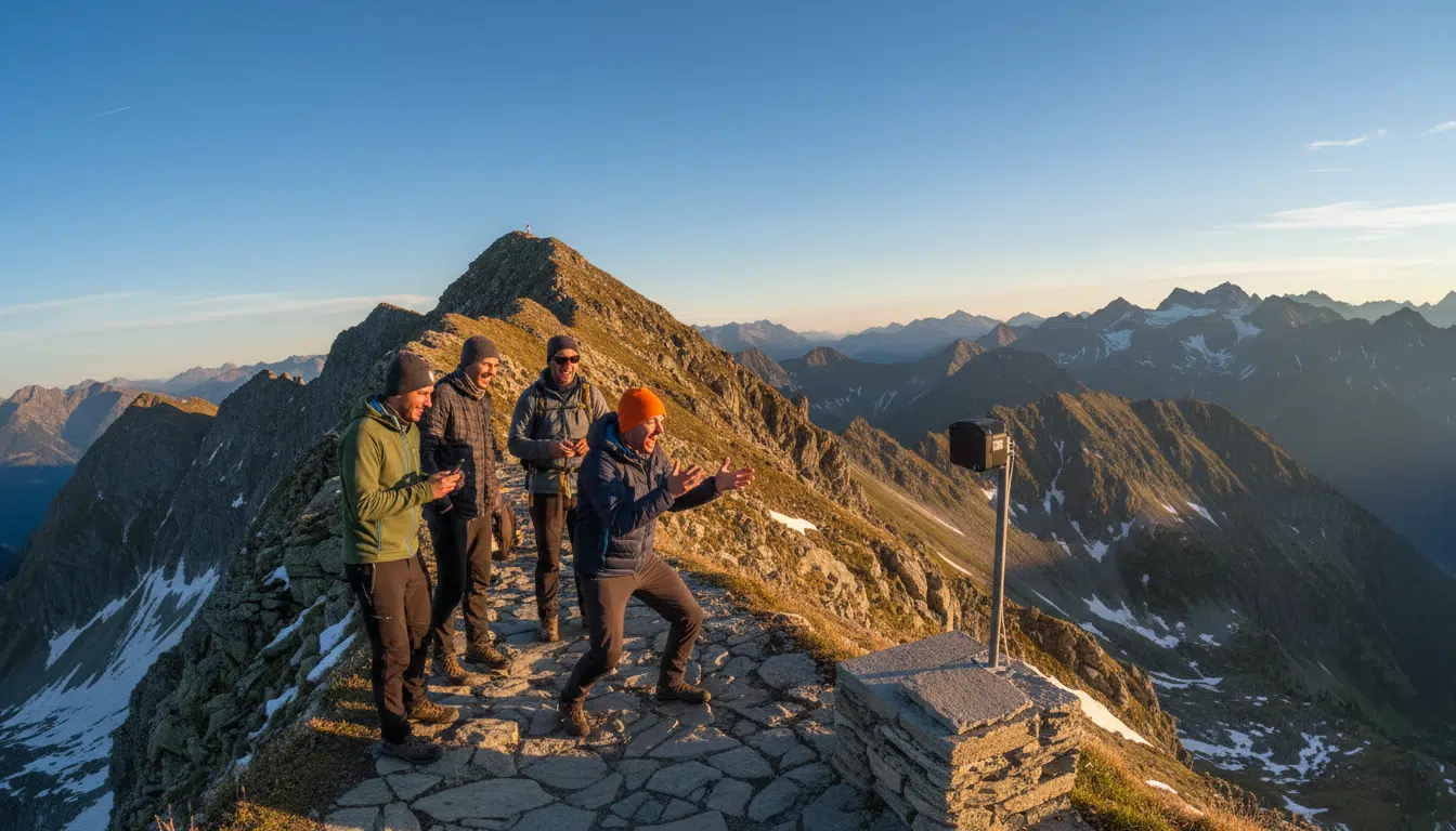 Randonneurs posant devant une webcam en haute montagne