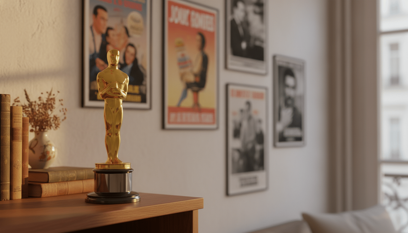Statuette Oscar dans un décor parisien chaleureux