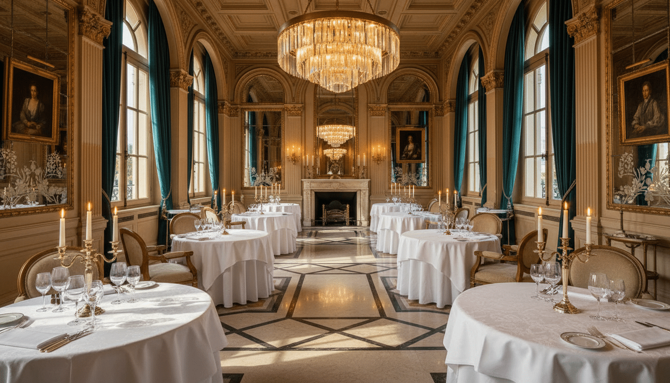 Intérieur du restaurant gastronomique du Plaza Athénée, tables dressées avec nappes blanches et verres en cristal