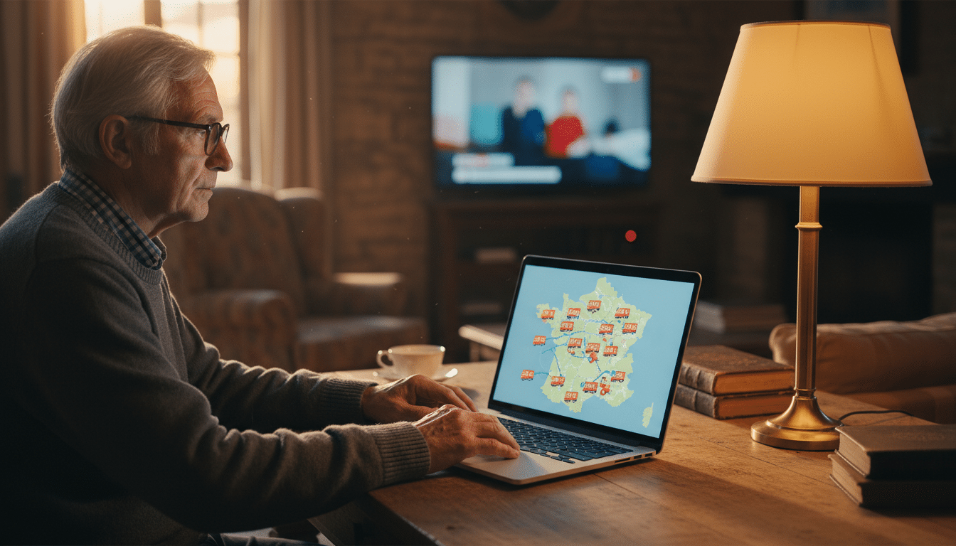 Retraité normand devant son ordinateur avec carte des camions pizza