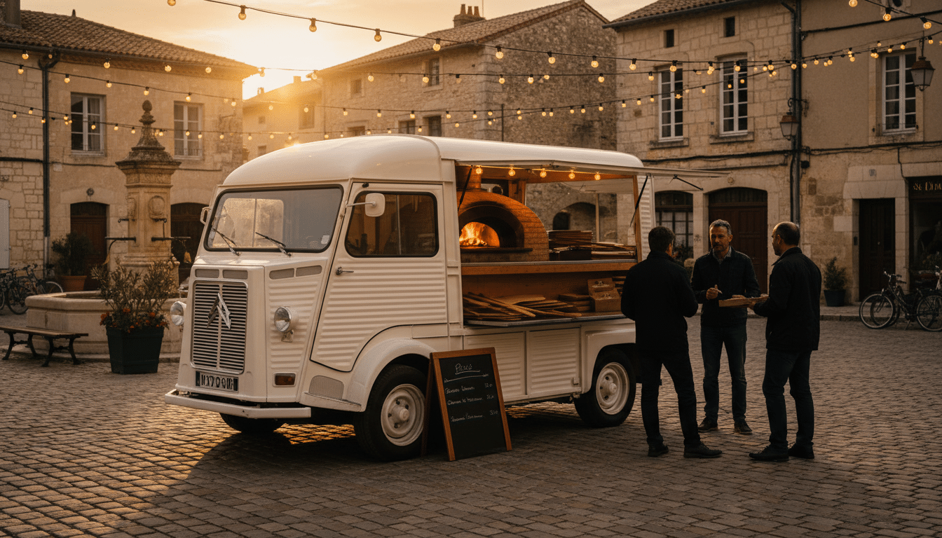 Camion pizza stationné sur une place de village français