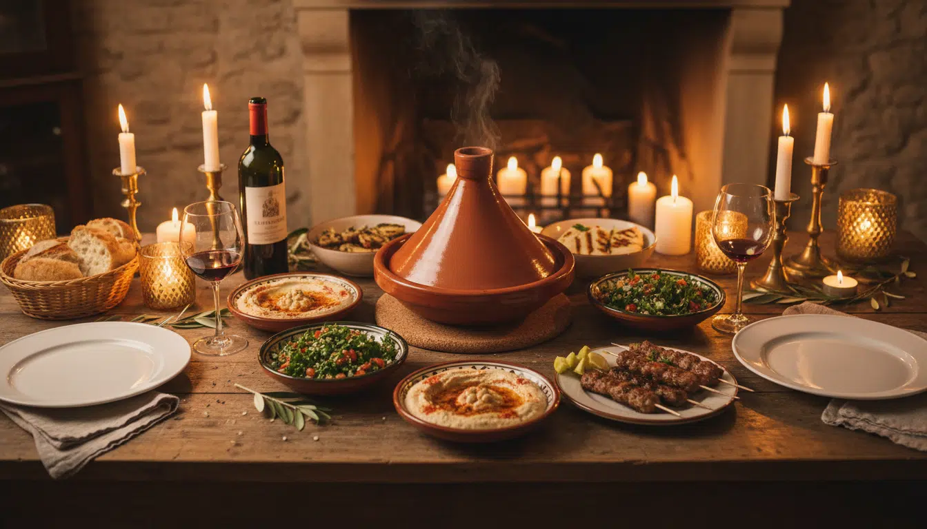 Table de dîner intime à la bougie avec des plats méditerranéens dont un tajine traditionnel, ambiance chaleureuse et dorée