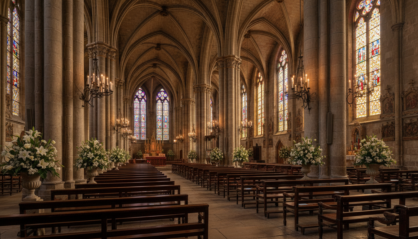 Intérieur solennel d'une église avec bougies et fleurs blanches lors d'une cérémonie funèbre