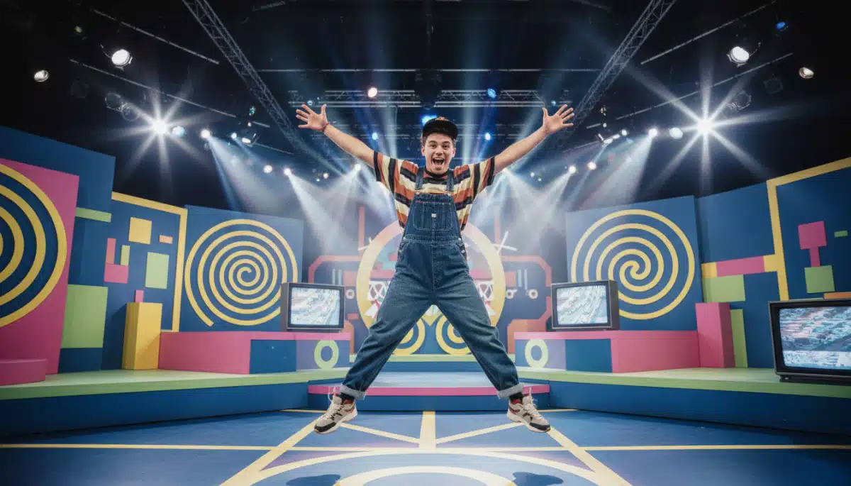 Jeune acteur américain sur un plateau télé aux couleurs des années 90