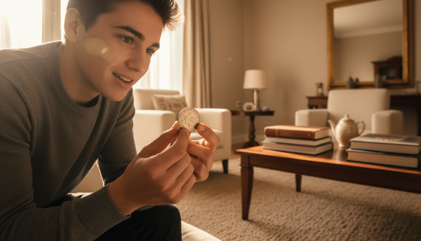 Jeune découvrant une pièce en francs