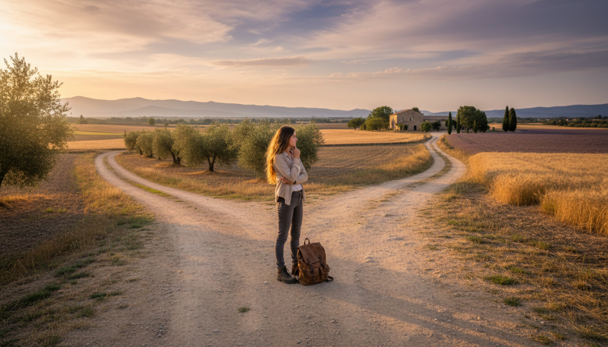 Jeune femme à un carrefour en zone rurale française