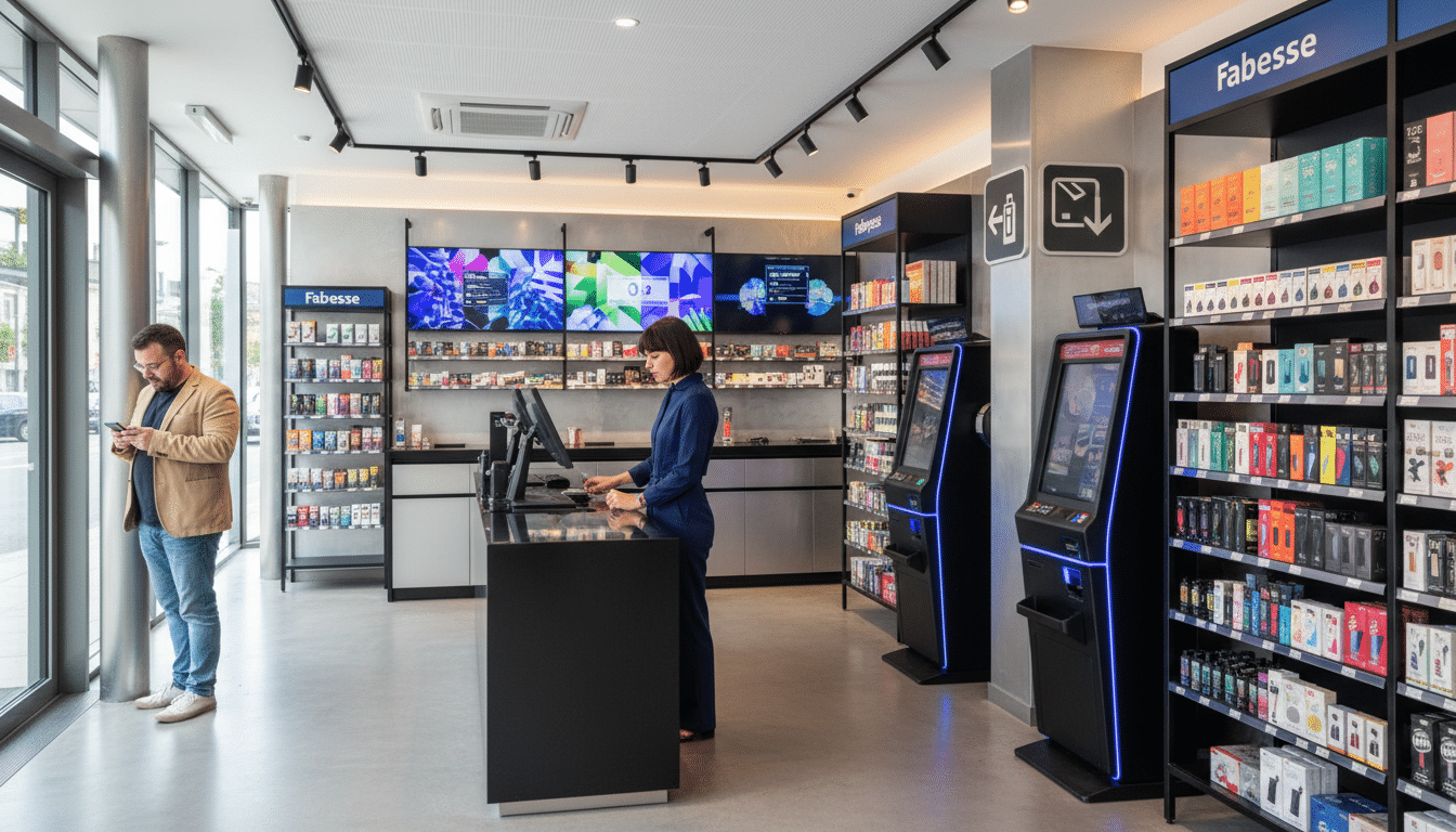 Jeune femme buraliste dans un tabac moderne